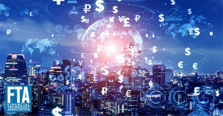 digital concept showing multiple world currencies above a city