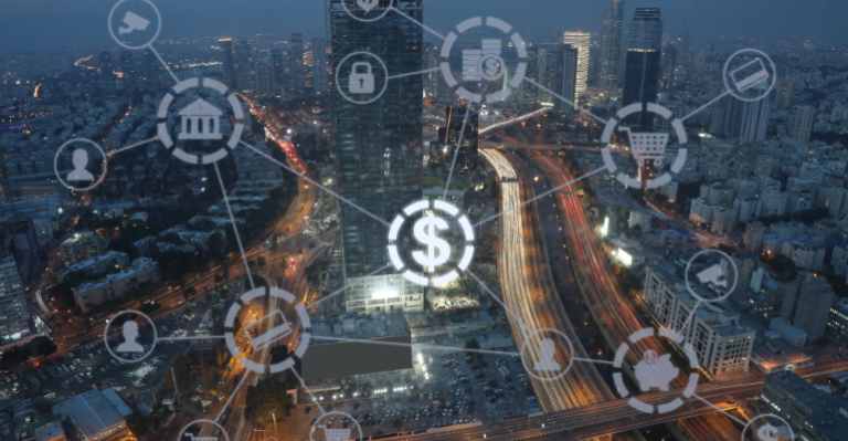 digital concept image showing connected bank accounts over a busy high-tech city