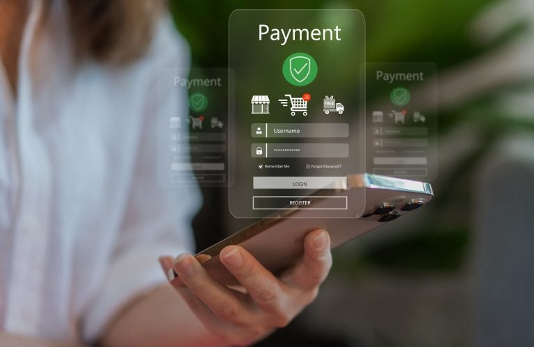 Collage showing a shopping cart and payment login screen on a smartphone
